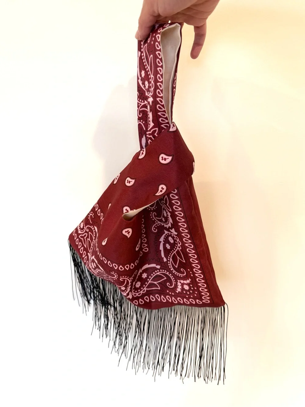 NEW Handmade Burgundy Bandana Paisley Japanese Knot Bag with Fringed Edge - Picture 4 of 6